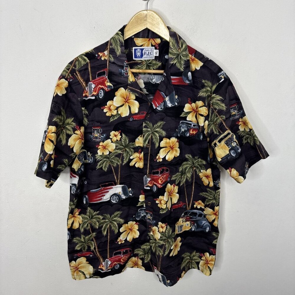 VTG 90s RJC Mens XL Hawaiian Shirt Palm Trees Blue Ocean‎ Hot Rod Cars